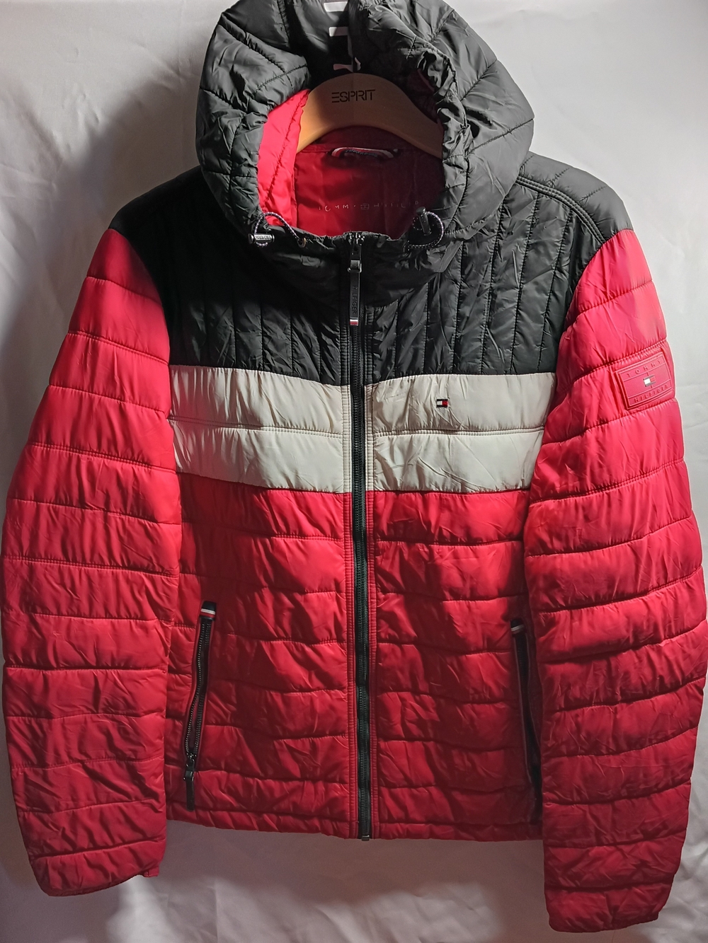 Tommy Hilfiger Red, Black & White Quilted Colorblock Puffer Jacket